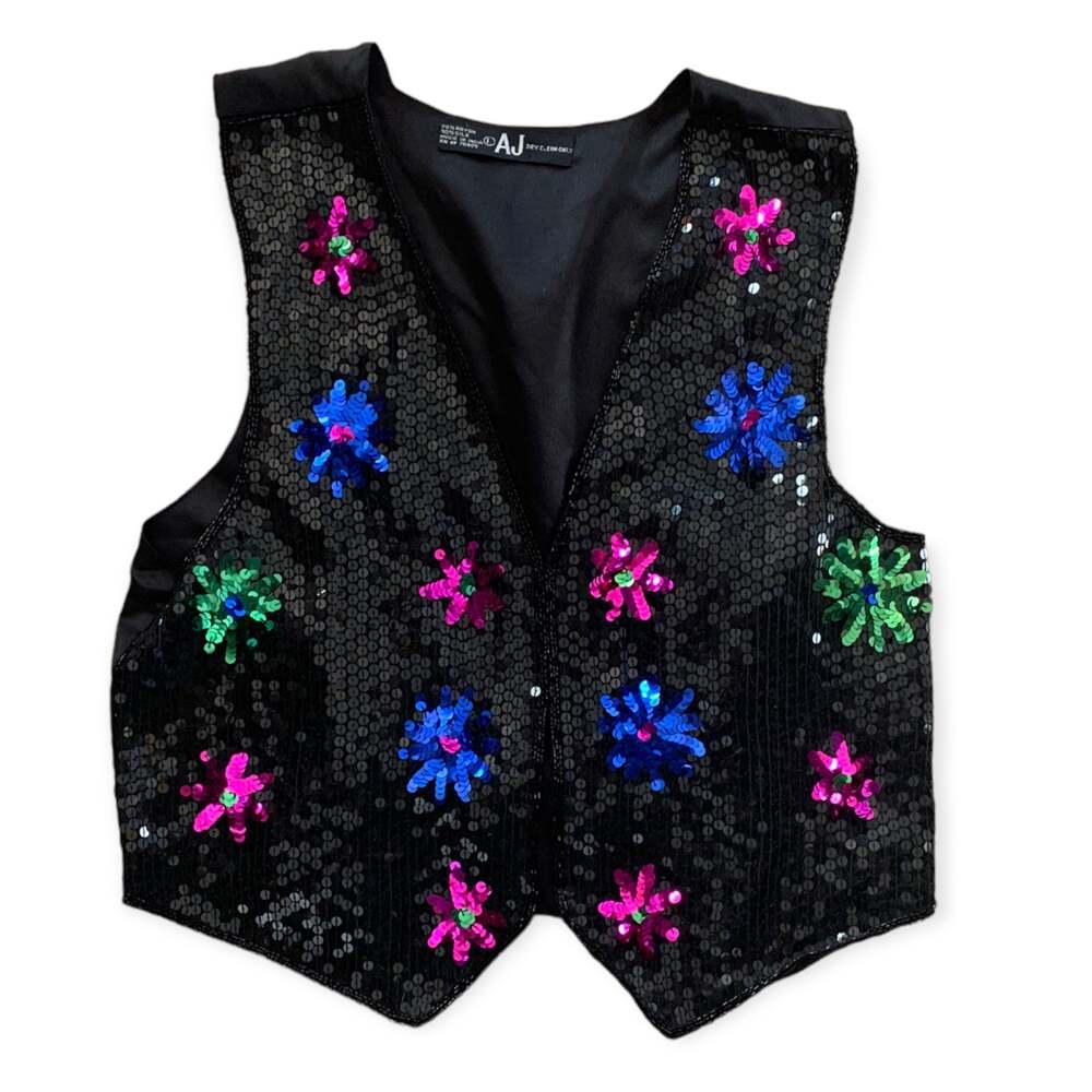 womens large Vintage 80s sequin vest floral print shiny silk blend